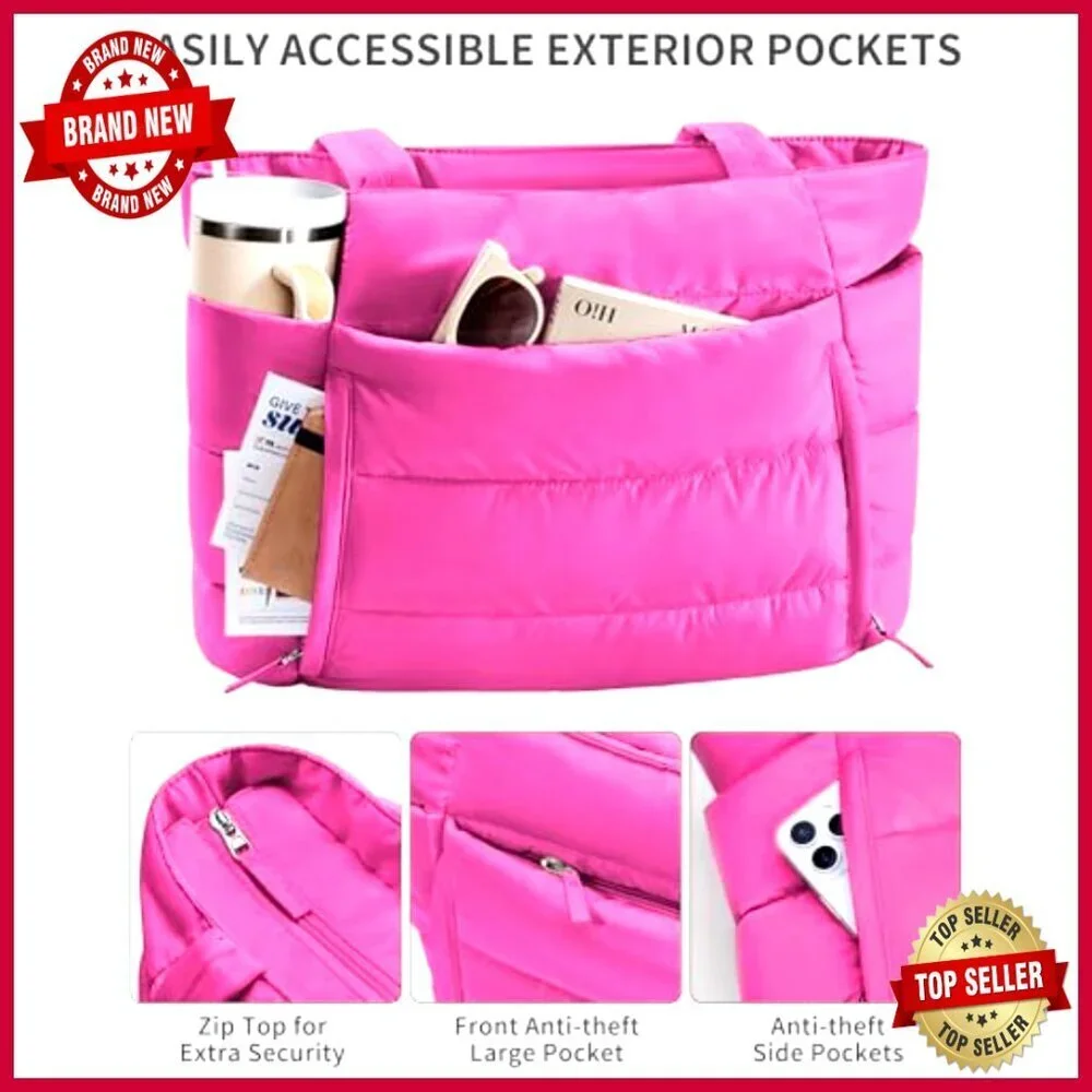 Puffer Tote Bag with Laptop Sleeve and Tumbler Holder, Lightweight Work Travel